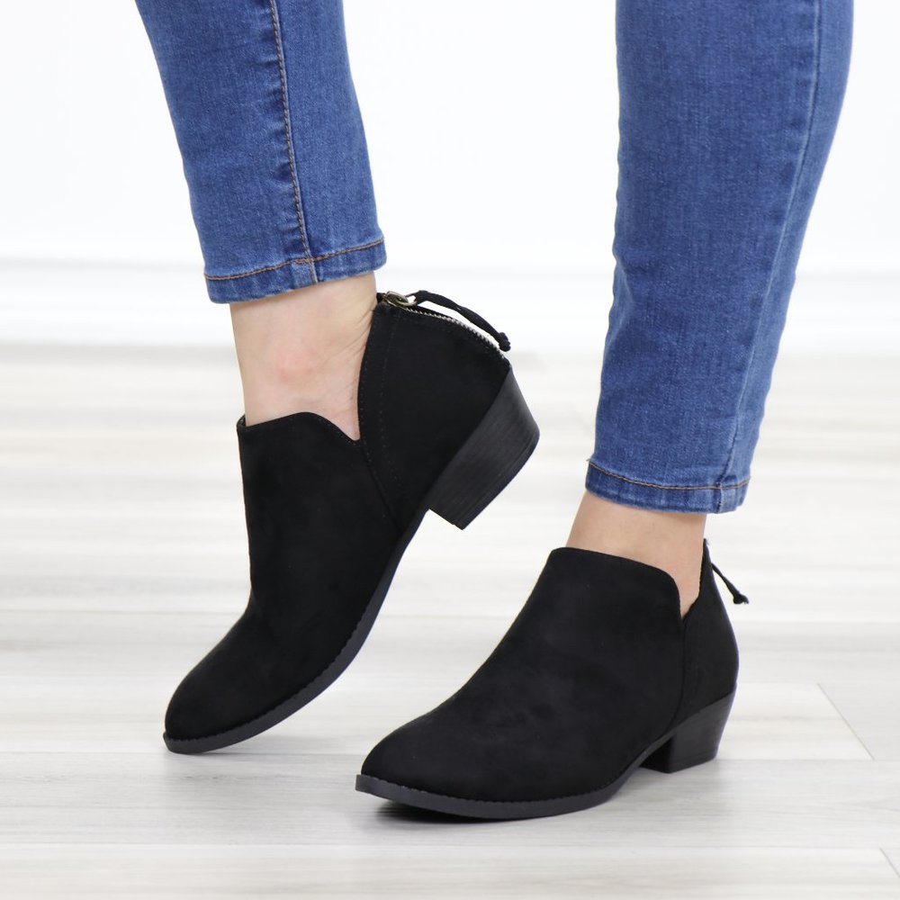 Black Vegan Suede Low Cut Ankle Booties - Picture 10 of 12